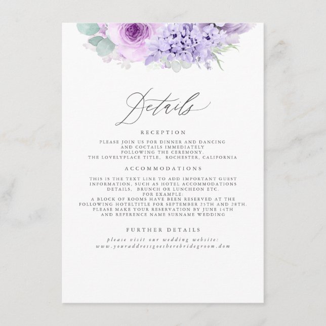 Dusty Purple Floral Wedding Information Enclosure Card (Front)