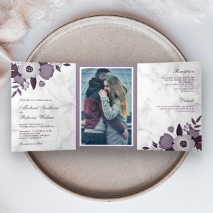 Dusty Purple Floral White Marble Photo Wedding Tri-Fold Invitation