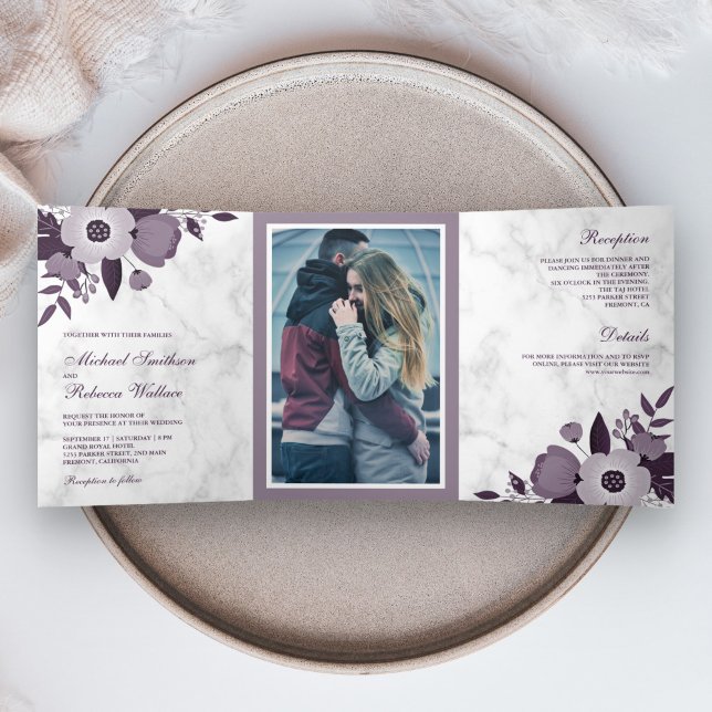 Dusty Purple Floral White Marble Photo Wedding Tri-Fold Invitation (Creator Uploaded)