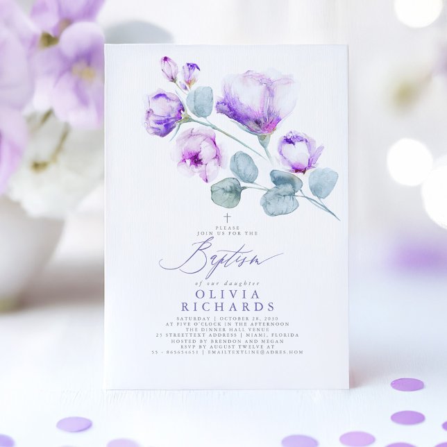 Dusty Purple Flowers Baptism Invitation (Purple Baptism Invitation)
