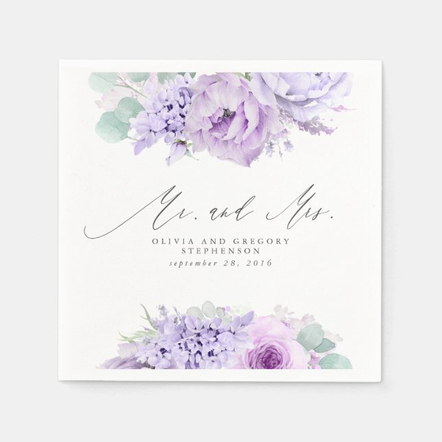 Dusty Purple Flowers Elegant Botanical Mr and Mrs Napkin (Front)