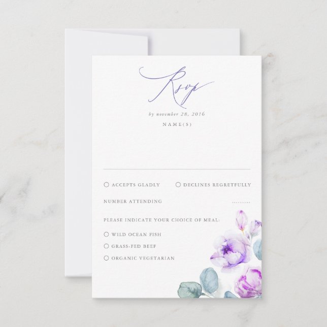 Dusty Purple Flowers Elegant Dreamy Wedding RSVP Card (Front)