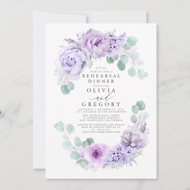 Dusty Purple Flowers Elegant Rehearsal Dinner Invitation (Front)