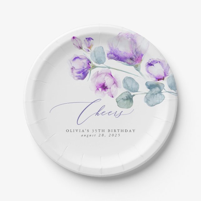 Dusty Purple Flowers Elegant Romantic Paper Plate (Front)