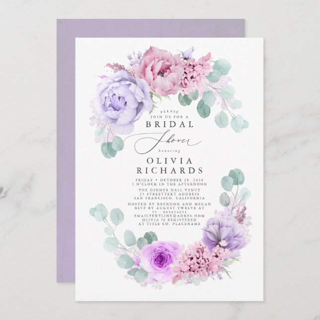 Dusty Purple Flowers Elegant Soft Bridal Shower Invitation (Front/Back)