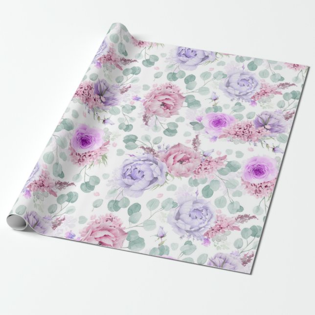 Dusty Purple Flowers Eucalyptus Leaves Botanical W Wrapping Paper (Unrolled)