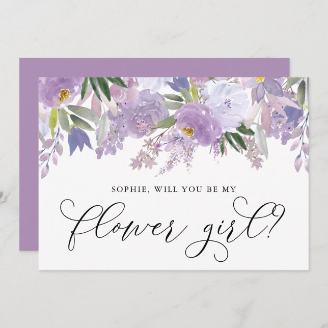 Dusty Purple Flowers Will You Be My Flower Girl Invitation (Front/Back)