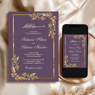 Dusty Purple Gold Floral Border Islamic Wedding Invitation