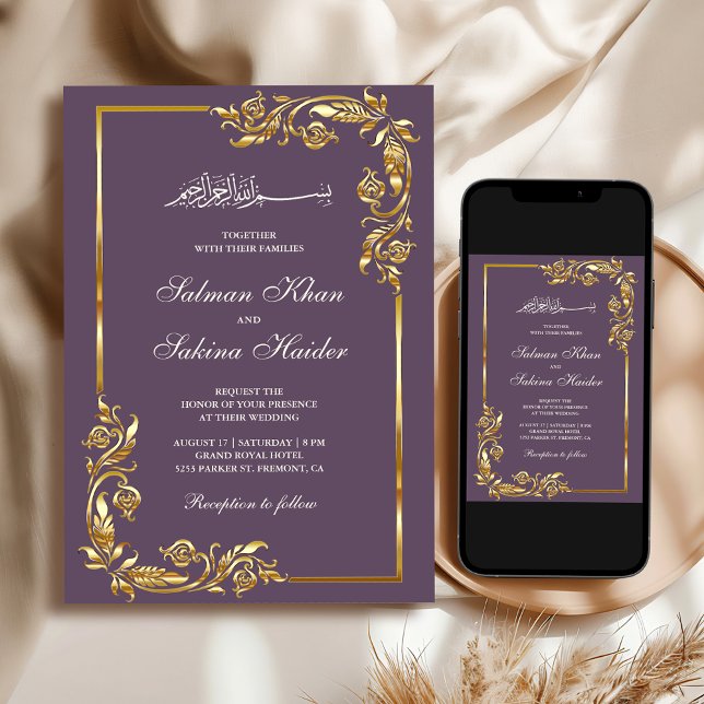 Dusty Purple Gold Floral Border Islamic Wedding Invitation (Creator Uploaded)