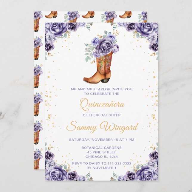 Dusty Purple Gold Floral Cowboy Boot Quinceañera Invitation (Front/Back)