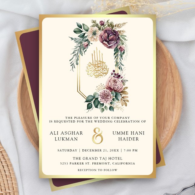Dusty Purple Gold Floral Crest Muslim Wedding Invitation (Creator Uploaded)