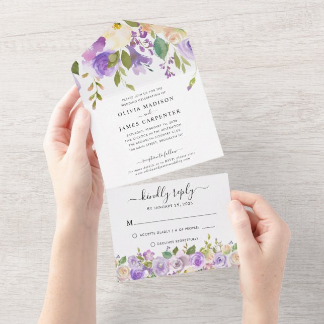 Dusty Purple Greenery Elegant Floral Wedding All In One Invitation (Tearaway)