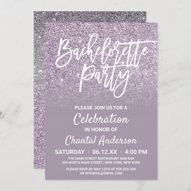 Dusty Purple Grey Faux Glitter Ombre Bachelorette Invitation (Front/Back)