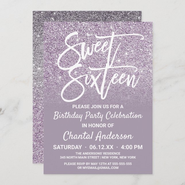 Dusty Purple Grey Faux Glitter Ombre Sweet Sixteen Invitation (Front/Back)