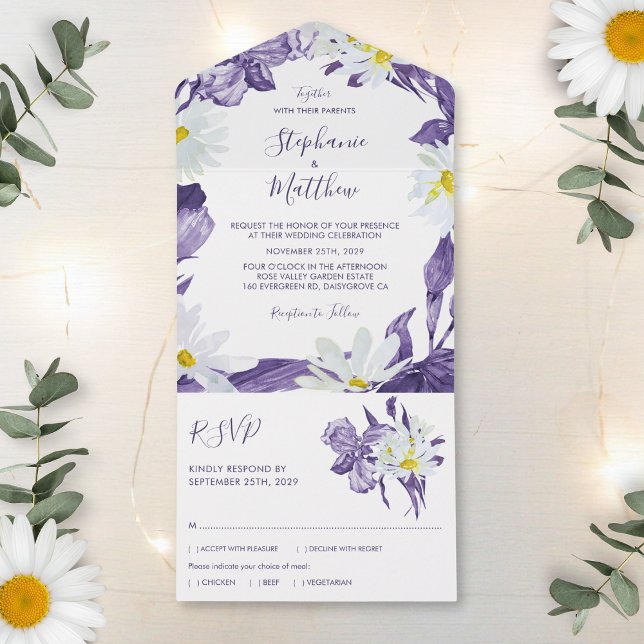 Dusty Purple Iris White Daisy Botanical Wedding All In One Invitation (Creator Uploaded)