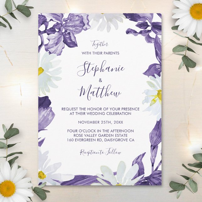 Dusty Purple Iris White Daisy Botanical Wedding Invitation (Creator Uploaded)