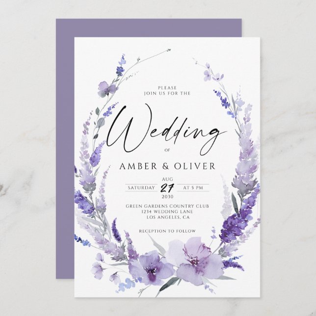 Dusty Purple Lavender Elegant Modern Wedding Invitation (Front/Back)