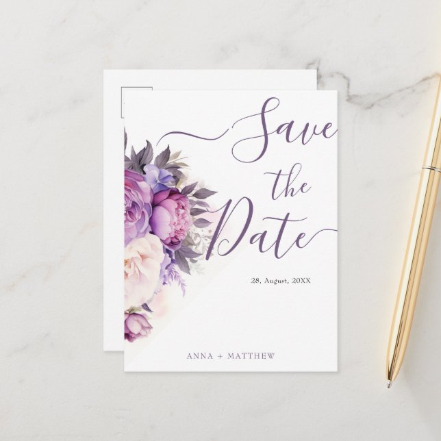 Dusty Purple Lavender Floral wedding save the date Postcard (Front/Back In Situ)
