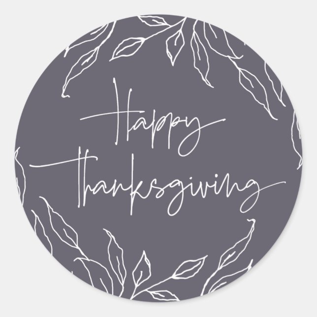 Dusty Purple Leaf Motif Happy Thanksgiving Classic Round Sticker (Front)