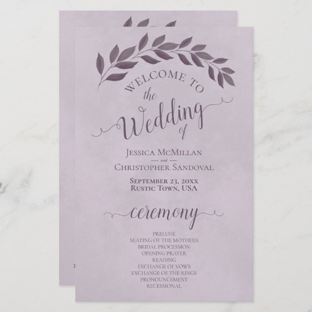 Dusty Purple Leaves Budget Wedding Program (Front/Back)