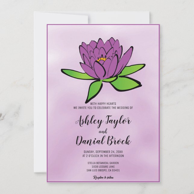 Dusty Purple Lotus Flower Romantic Floral Wedding Invitation (Front)