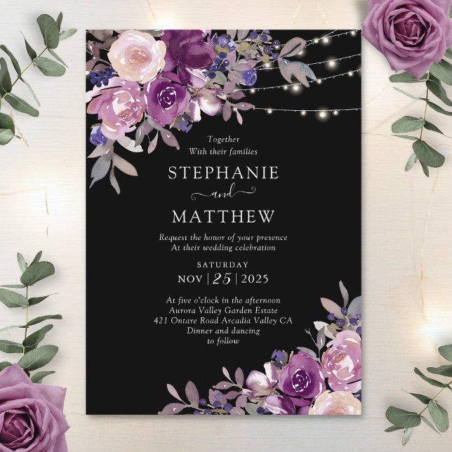 Dusty Purple Mauve Botanical Lights Black Wedding Invitation (Creator Uploaded)
