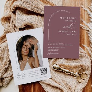 Dusty Purple Modern Minimal Arch Photo QR Code Inv Invitation