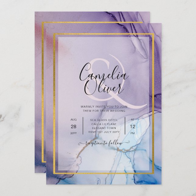 Dusty Purple Navy Blue Gold INK Wedding INVITE (Front/Back)