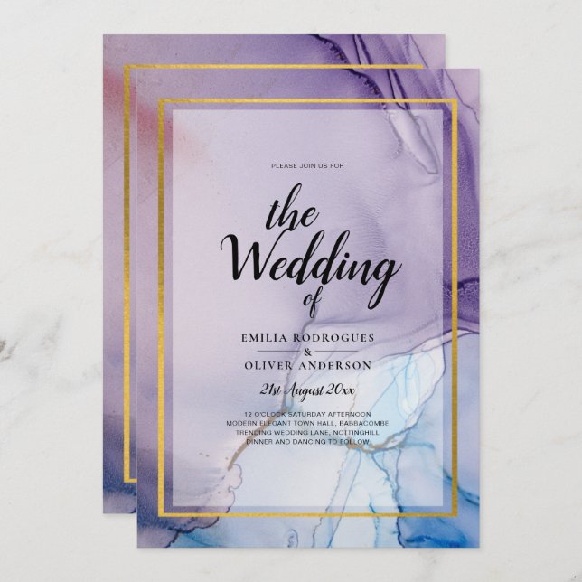 Dusty Purple Navy Blue Gold INK Wedding INVITE (Front/Back)