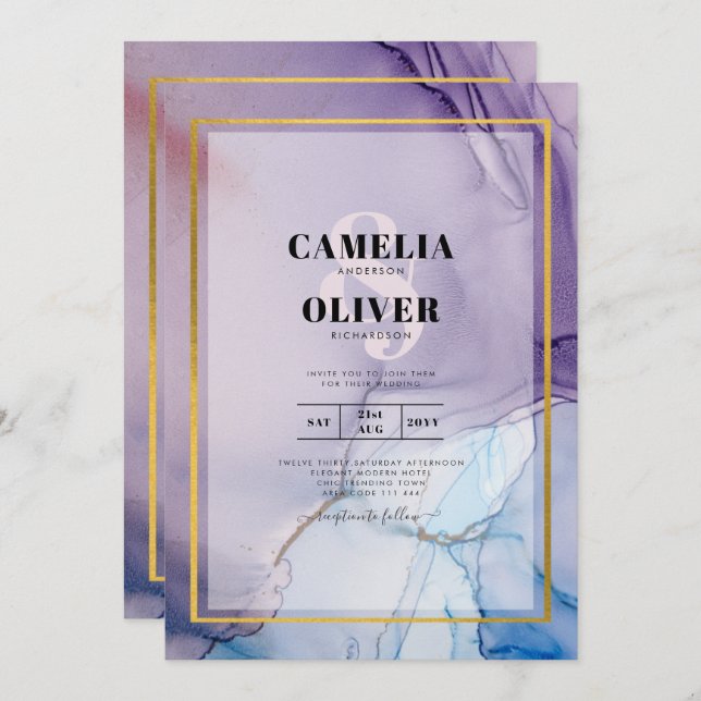 Dusty Purple Navy Blue Gold INK Wedding INVITE (Front/Back)