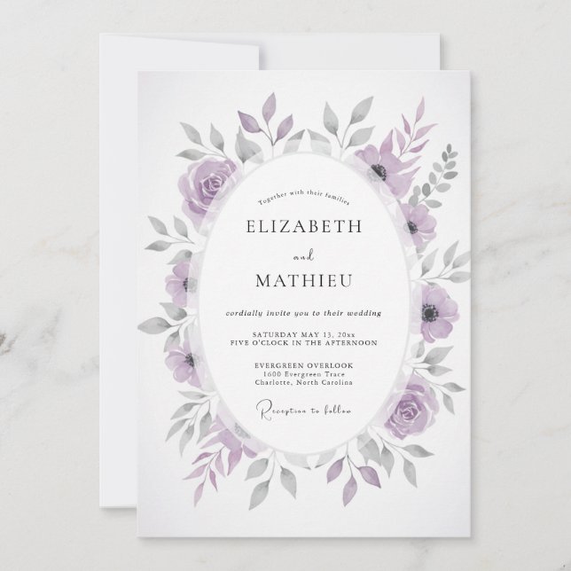 Dusty Purple Painterly Floral Wedding Invitation (Front)