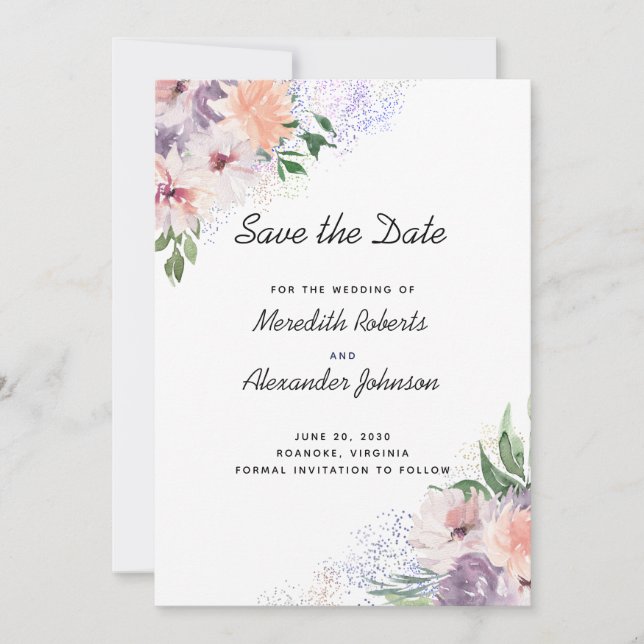 Dusty Purple Peach Boho Floral Glitter QR Code Save The Date (Front)