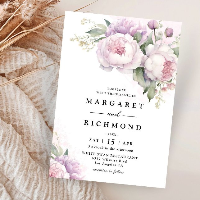Dusty Purple Peony Elegant Watercolor Wedding Invitation (Creator Uploaded)