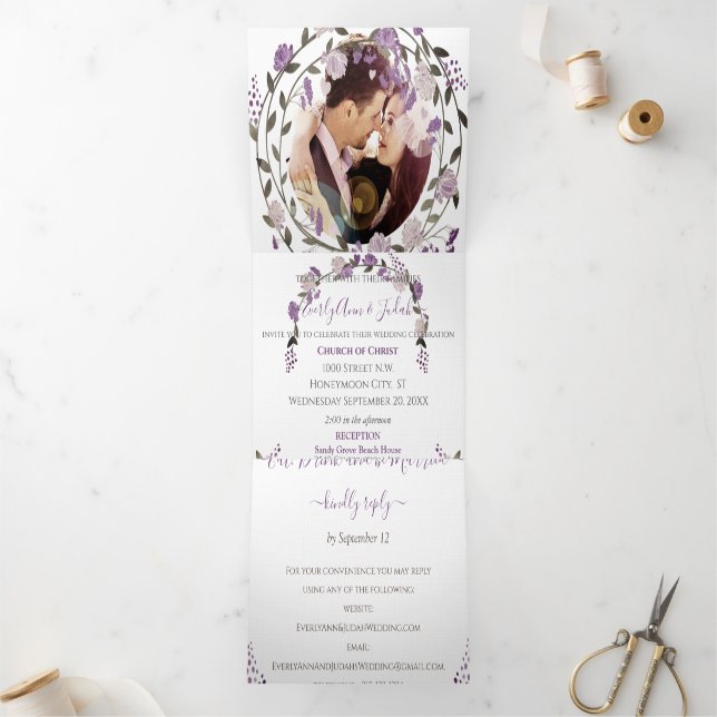 Dusty Purple Peony Floral Wreath Wedding Tri-Fold Invitation (Inside)