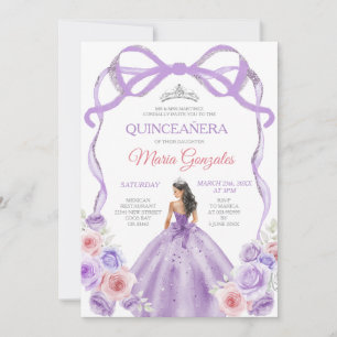 Dusty Purple Pink Bow Princess Silver Quinceañera Invitation