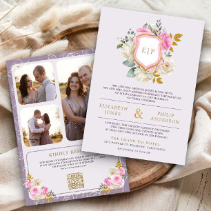 Dusty Purple Pink Floral QR Code Crest Wedding Invitation