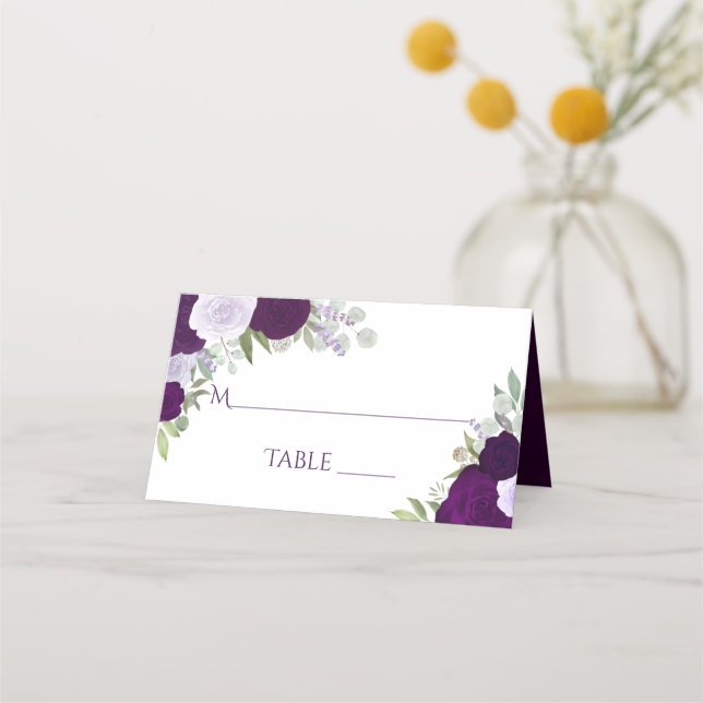 Dusty Purple & Plum Roses Elegant Wedding Write-In Place Card (Front)