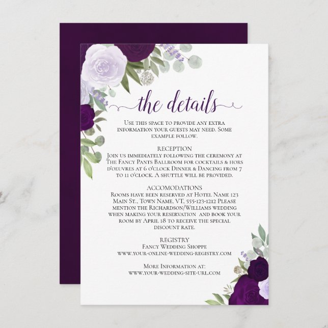 Dusty Purple & Plum Roses Rustic Wedding Details Enclosure Card (Front/Back)