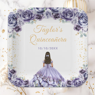 Dusty Purple Princess Floral Quinceañera Paper Plate