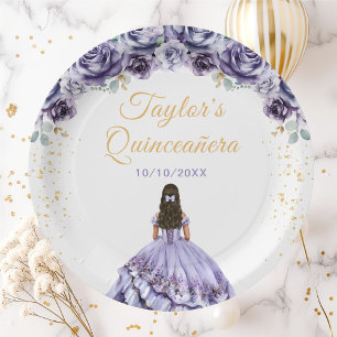 Dusty Purple Princess Floral Quinceañera Paper Plate
