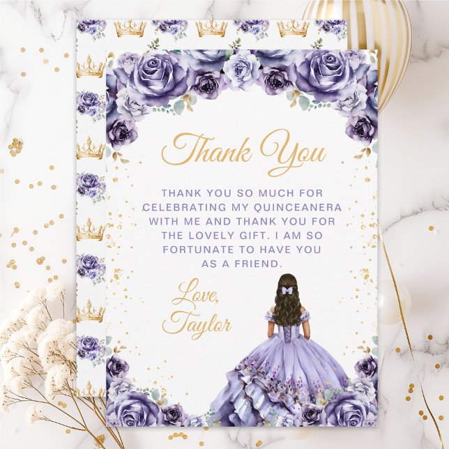 Dusty Purple Princess Floral Quinceañera Thank You Card (Creator Uploaded)