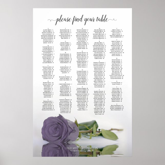 Dusty Purple Rose Alphabetical Seating Chart (Front)