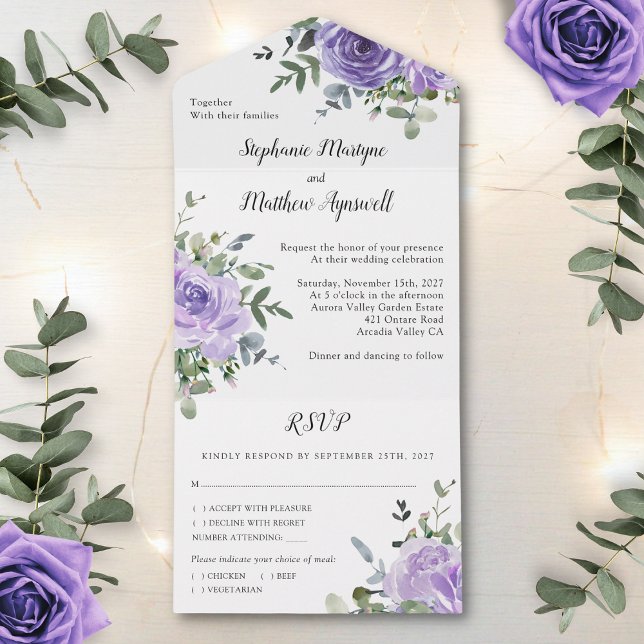 Dusty Purple Rose Eucalyptus Botanical Wedding All In One Invitation (Creator Uploaded)
