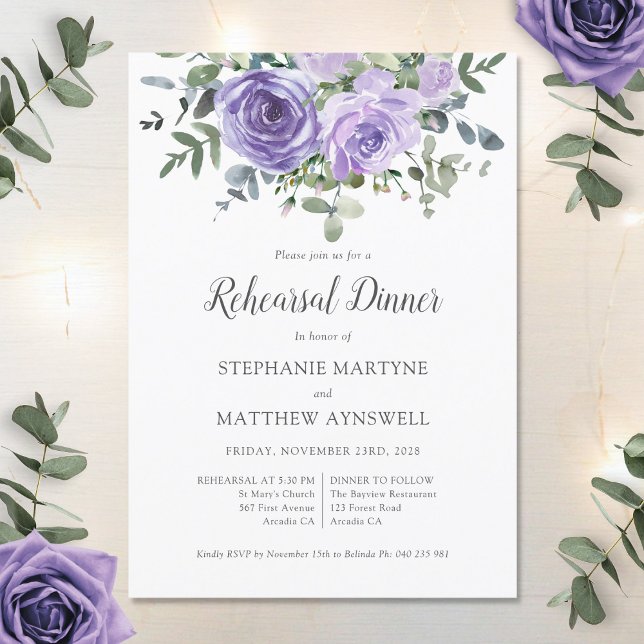 Dusty Purple Rose Eucalyptus Rehearsal Dinner Invitation (Creator Uploaded)