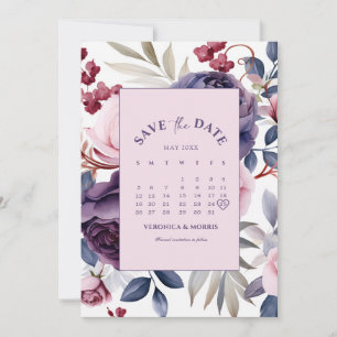 Dusty purple rose floral calendar wedding save the date