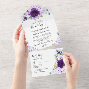 Dusty Purple Rose Lilac Flowers Rustic Wedding All In One Invitation