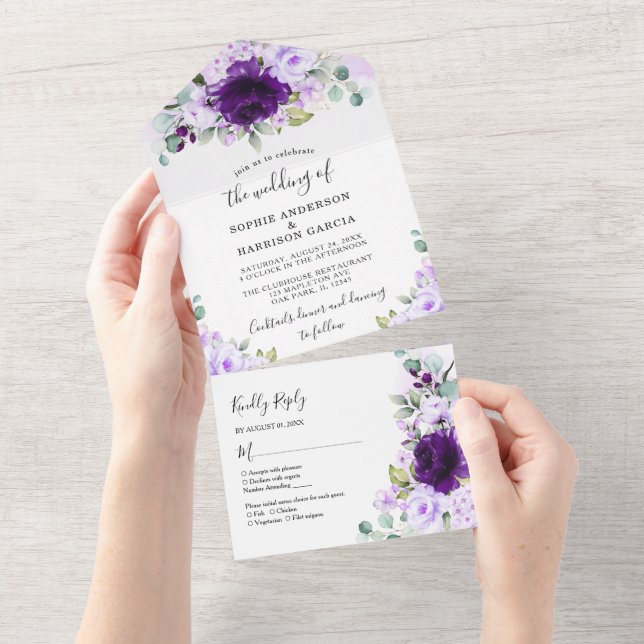 Dusty Purple Rose Lilac Flowers Rustic Wedding All In One Invitation (Tearaway)