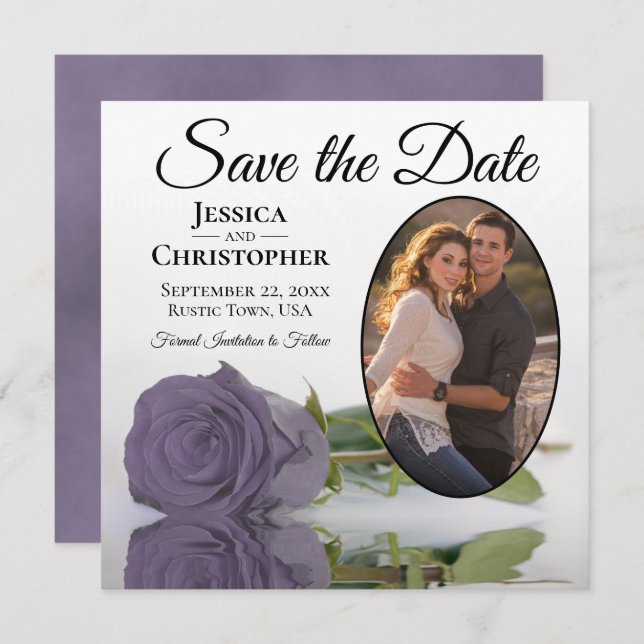 Dusty Purple Rose on White Oval Photo Chic Wedding Save The Date (Front/Back)