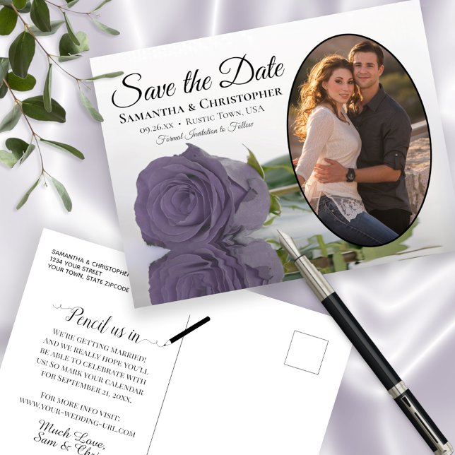Dusty Purple Rose Oval Photo Wedding Save The Date Announcement Postcard (Creator Uploaded)