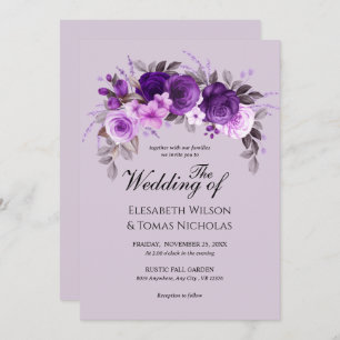 Dusty Purple Roses & Greenery silver Wedding Invitation
